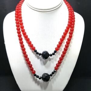 Red Black Glass Beaded Necklace, Two Strands, 18 Inches, Toggle Clasp On Wire